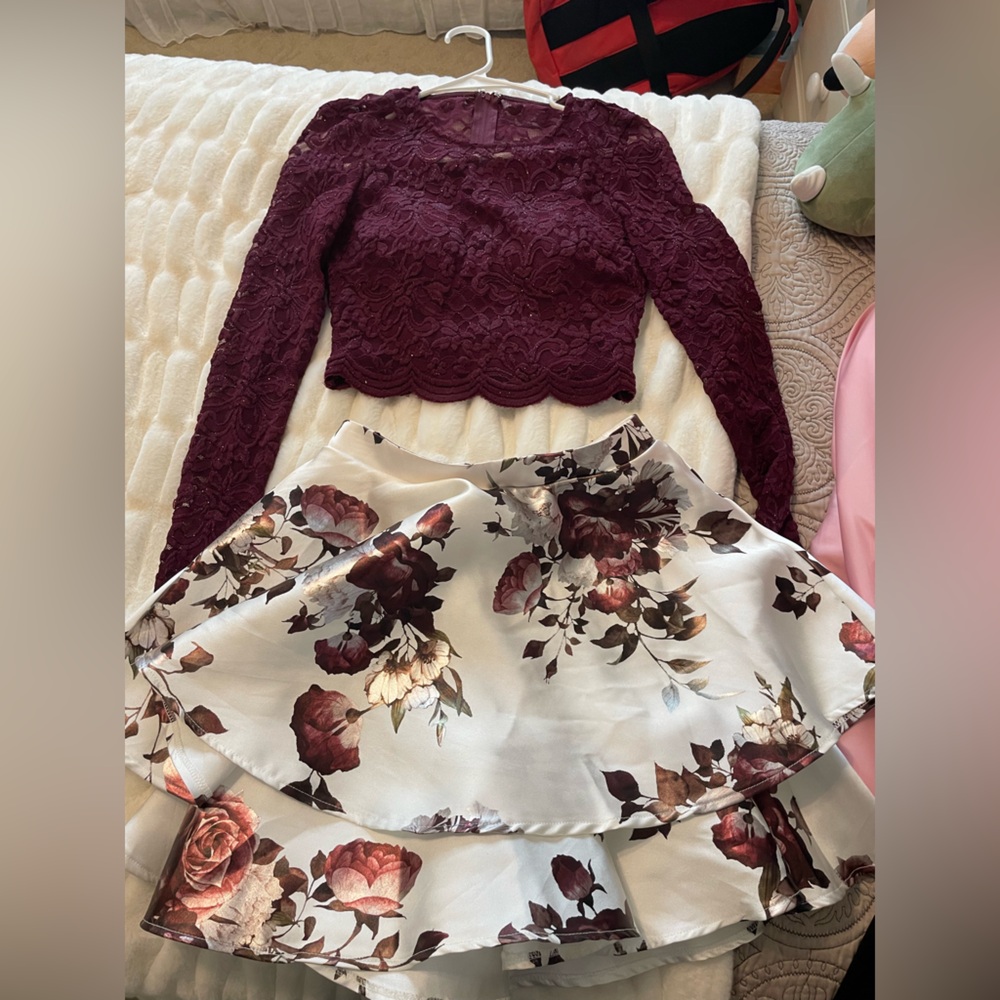Elegant Floral Lace Dress in Burgundy and White